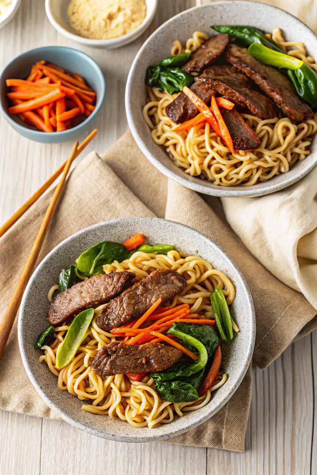 Beef Stir Fry Recipes beautifully presented from an overhead angle