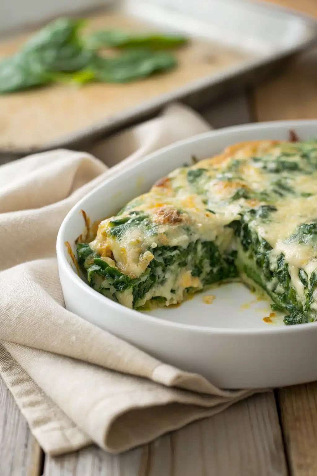 Spinach Casserole Recipe slice on plate showing perfect texture and swirl pattern