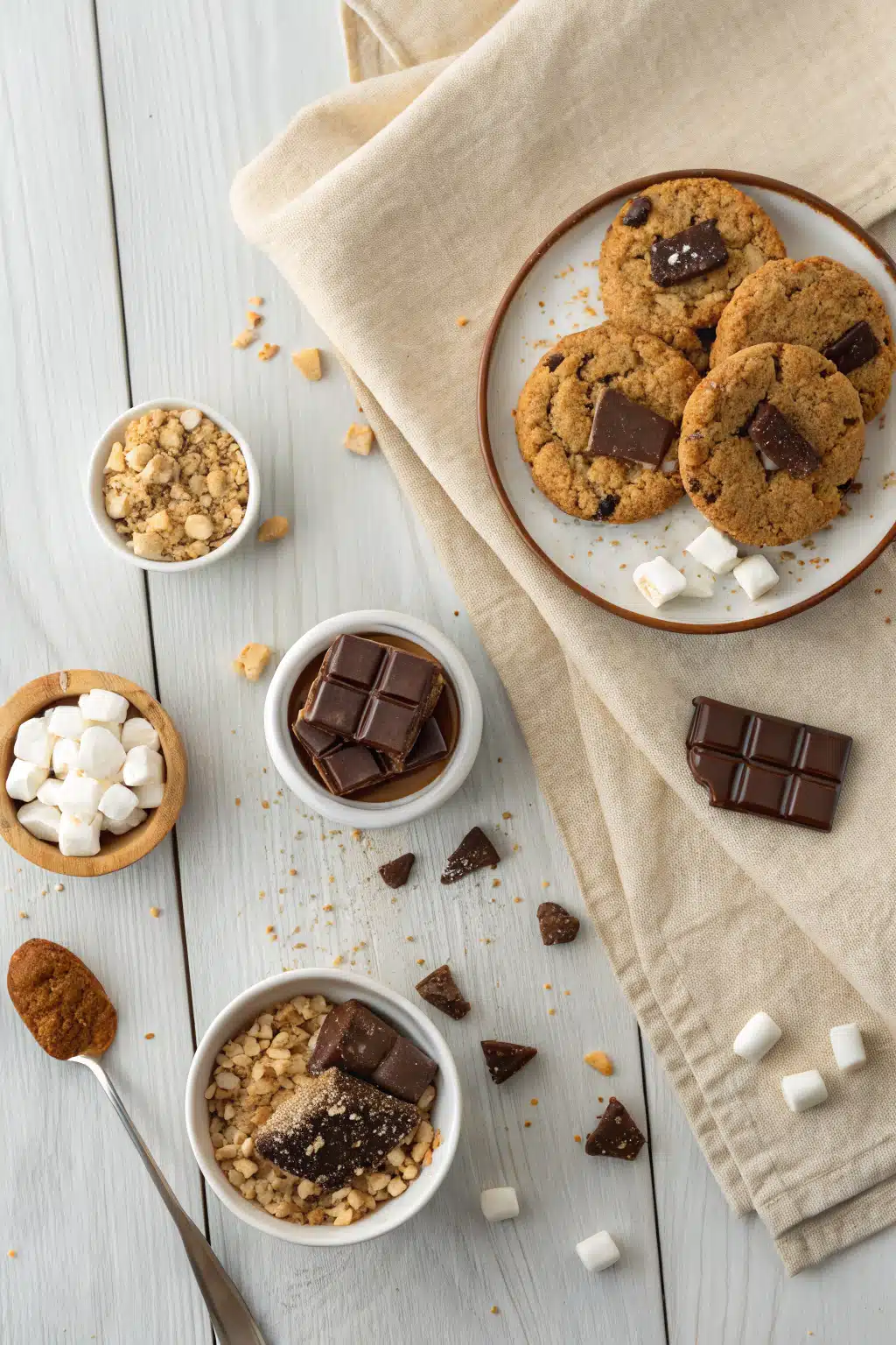 Chewy Smores Cookies beautifully presented from an overhead angle