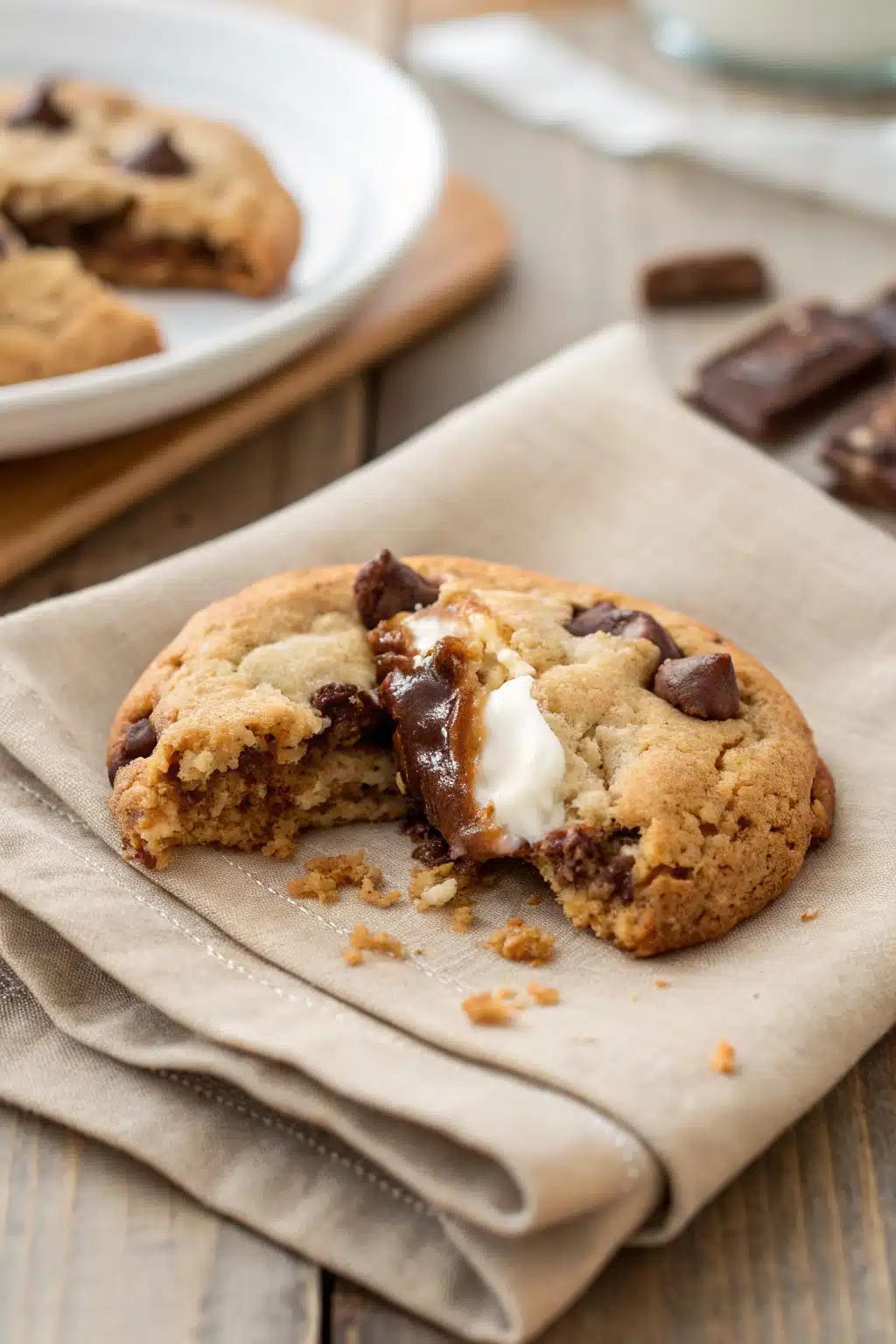Chewy Smores Cookies slice on plate showing perfect texture and swirl pattern