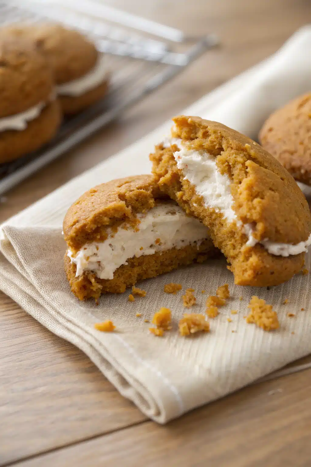 Pumpkin Whoopie Pies slice on plate showing perfect texture and swirl pattern