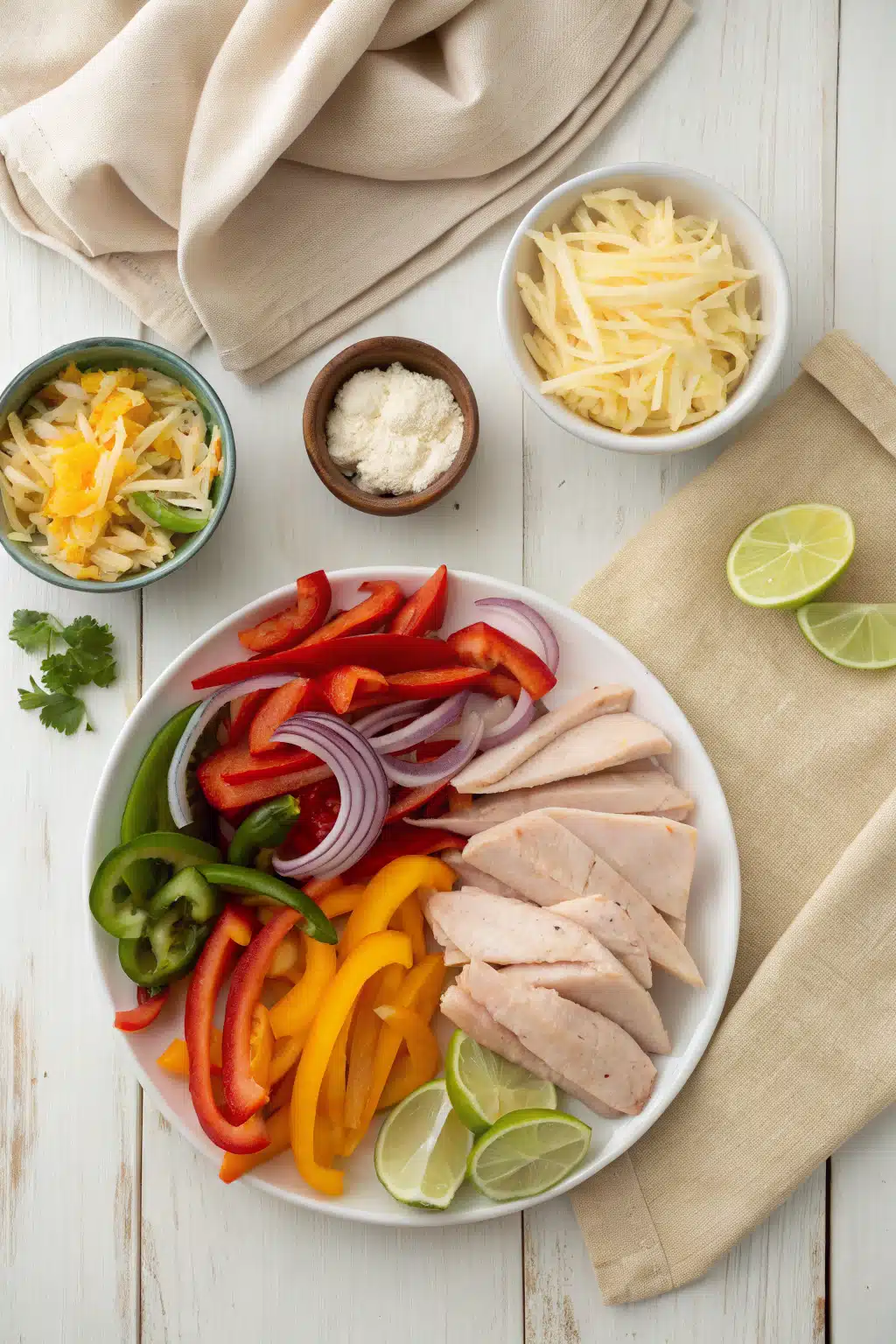 Perfect Chicken Fajitas beautifully presented from an overhead angle