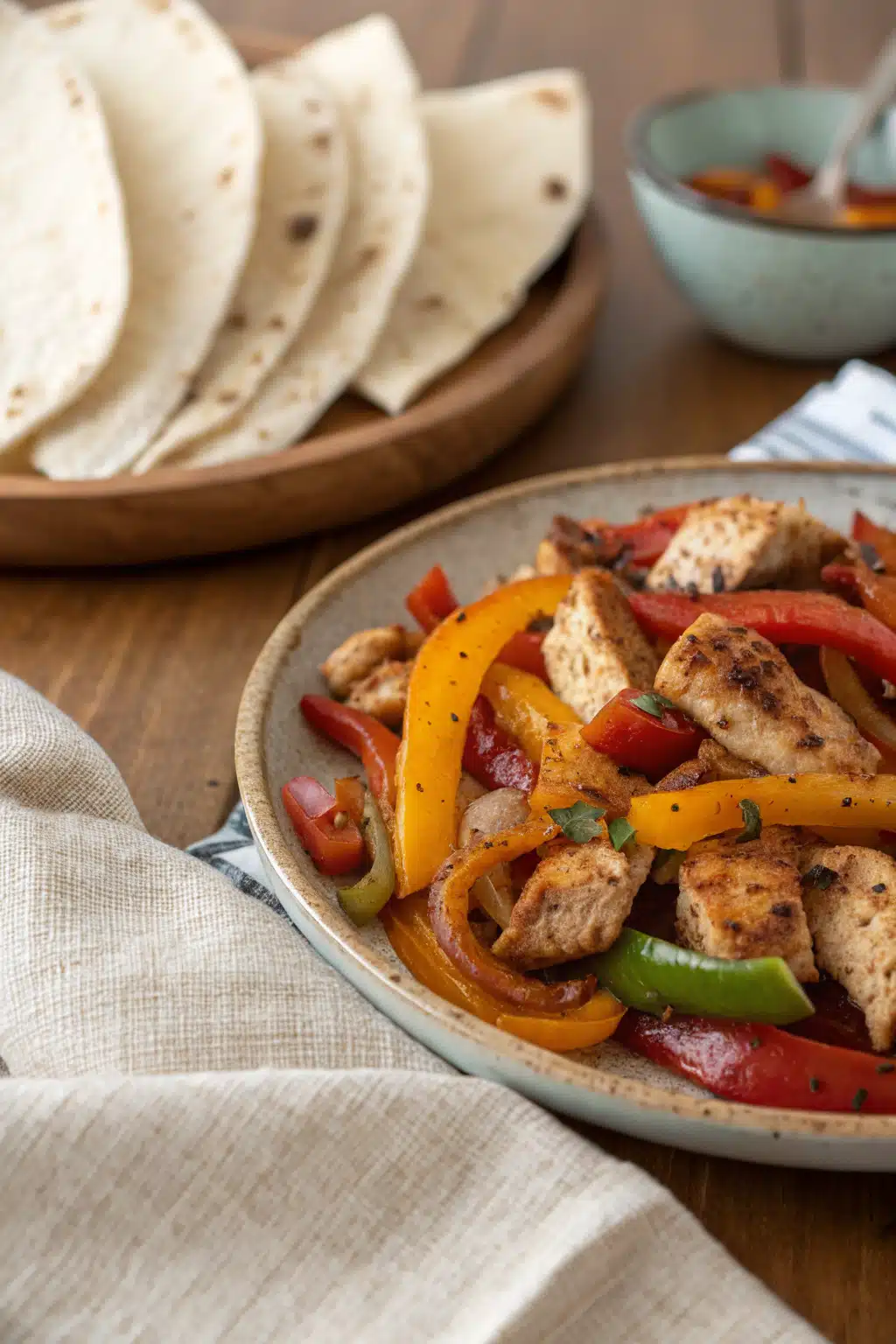 Perfect Chicken Fajitas slice on plate showing perfect texture and swirl pattern