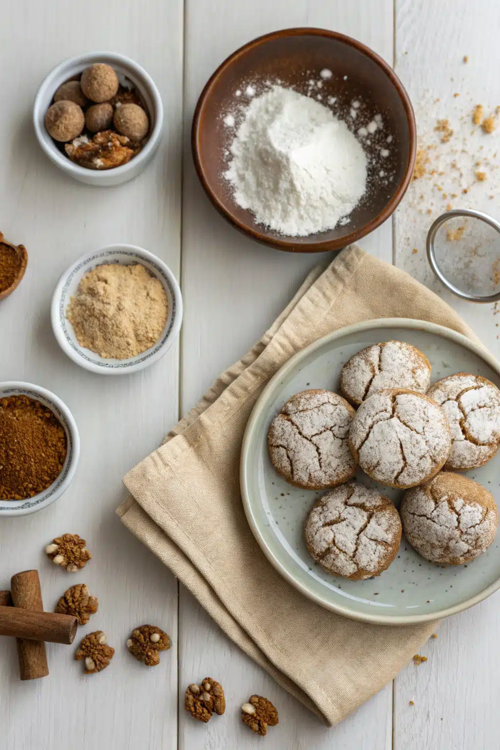 Gingerbread Crinkle Cookies beautifully presented from an overhead angle