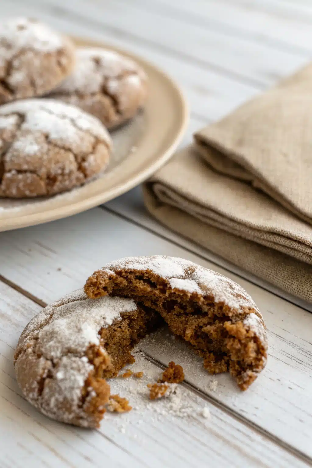 Gingerbread Crinkle Cookies slice on plate showing perfect texture and swirl pattern
