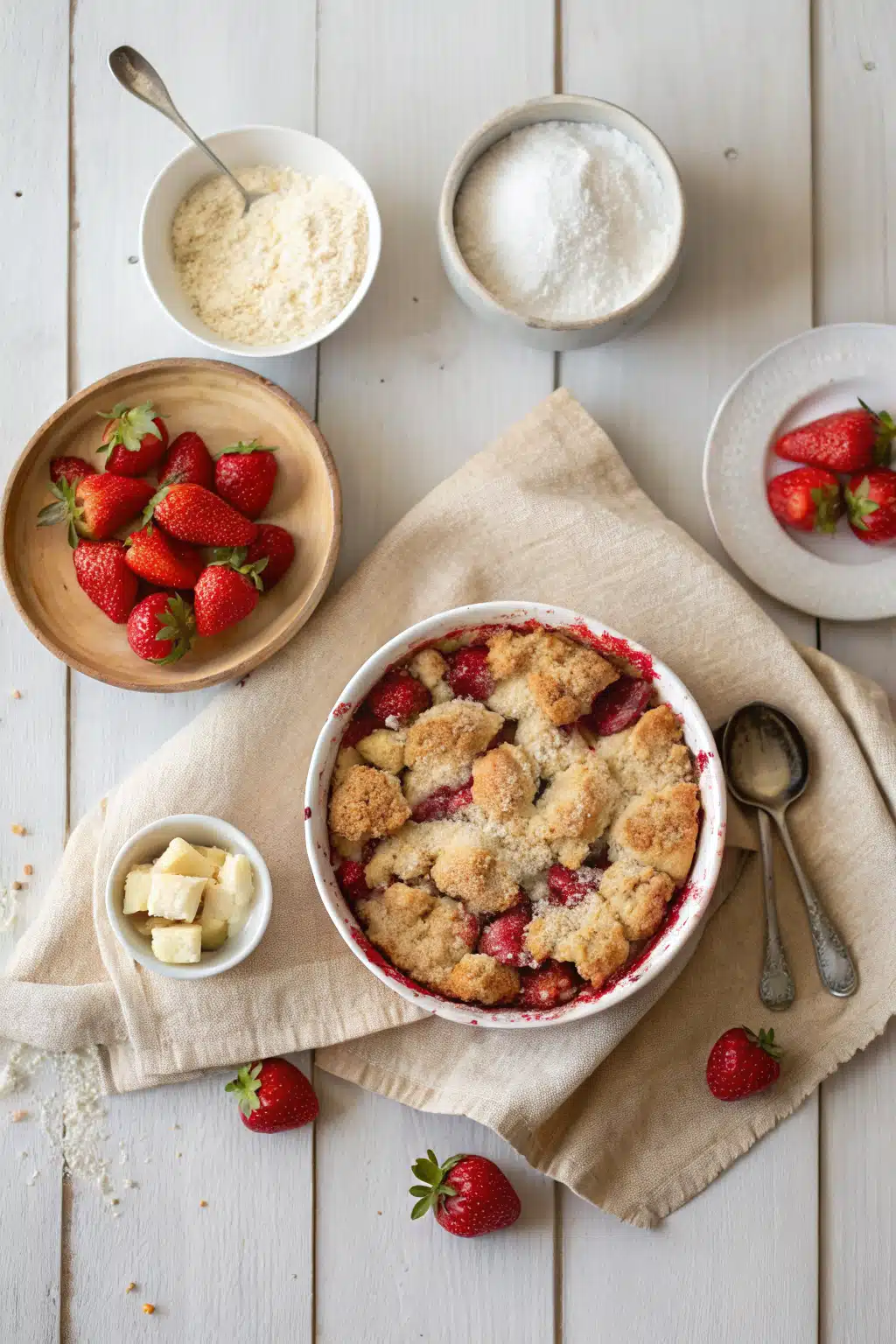 Best Strawberry Cobbler beautifully presented from an overhead angle