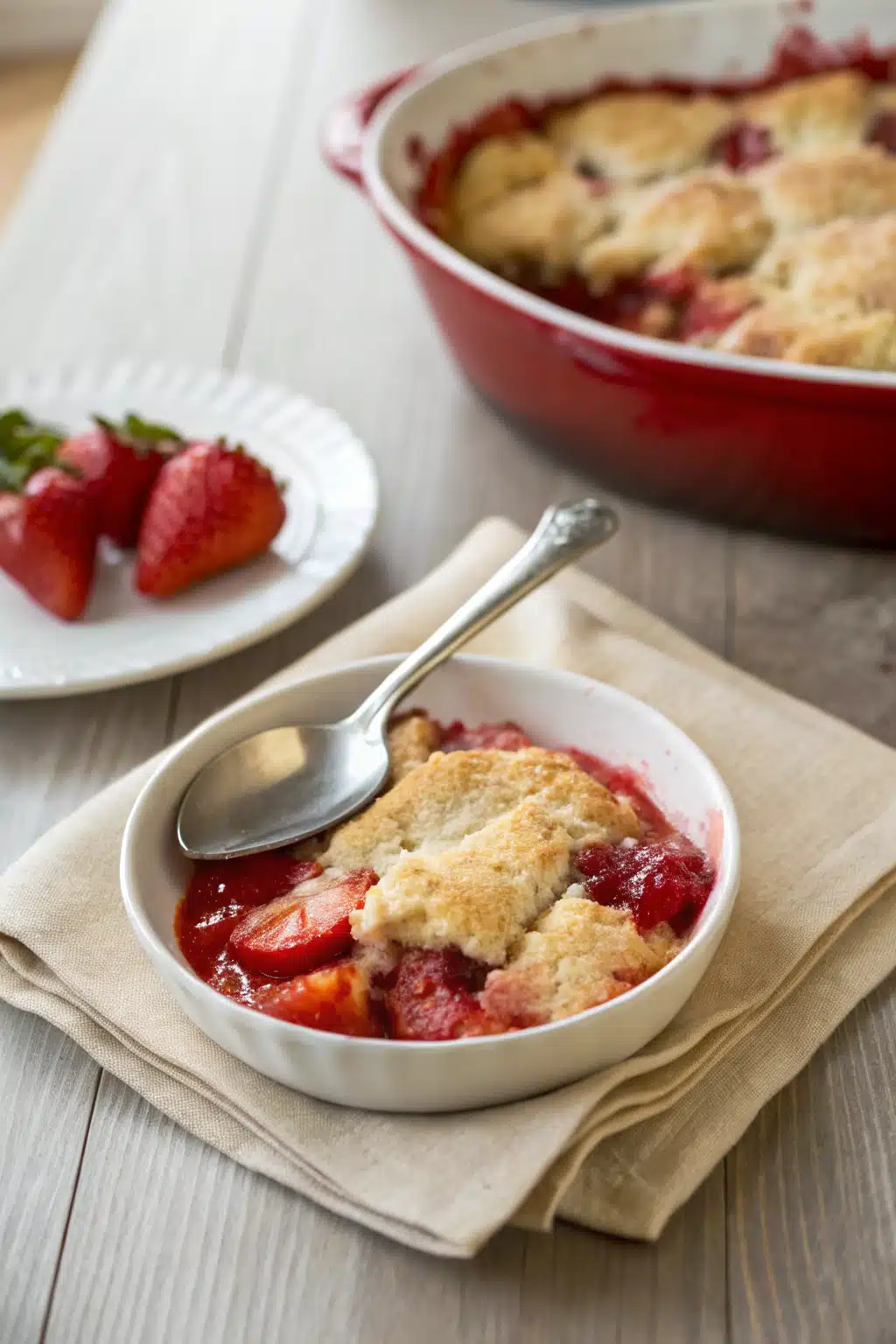 Best Strawberry Cobbler ingredients organized and measured on kitchen counter