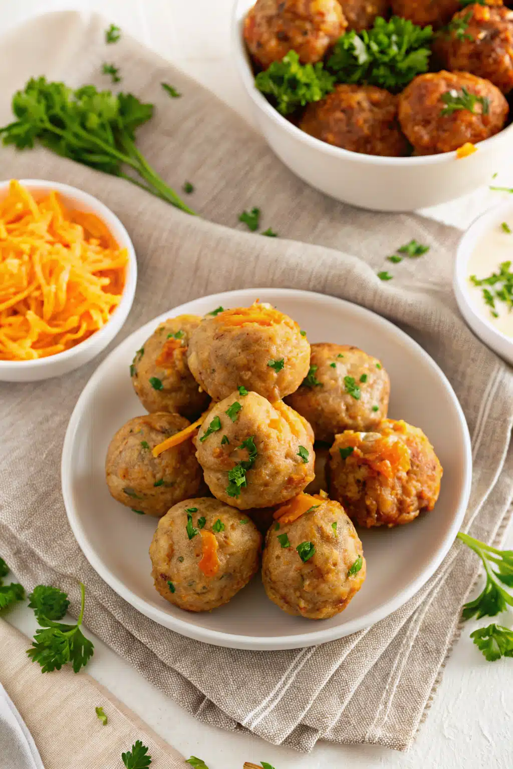 Bisquick Sausage Balls beautifully presented from an overhead angle