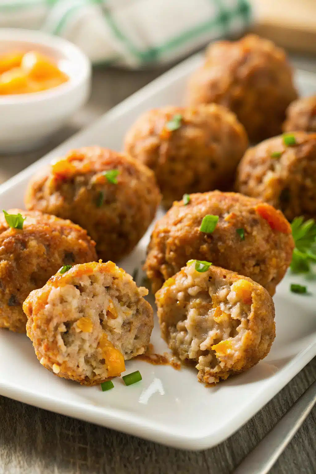 Bisquick Sausage Balls slice on plate showing perfect texture and swirl pattern