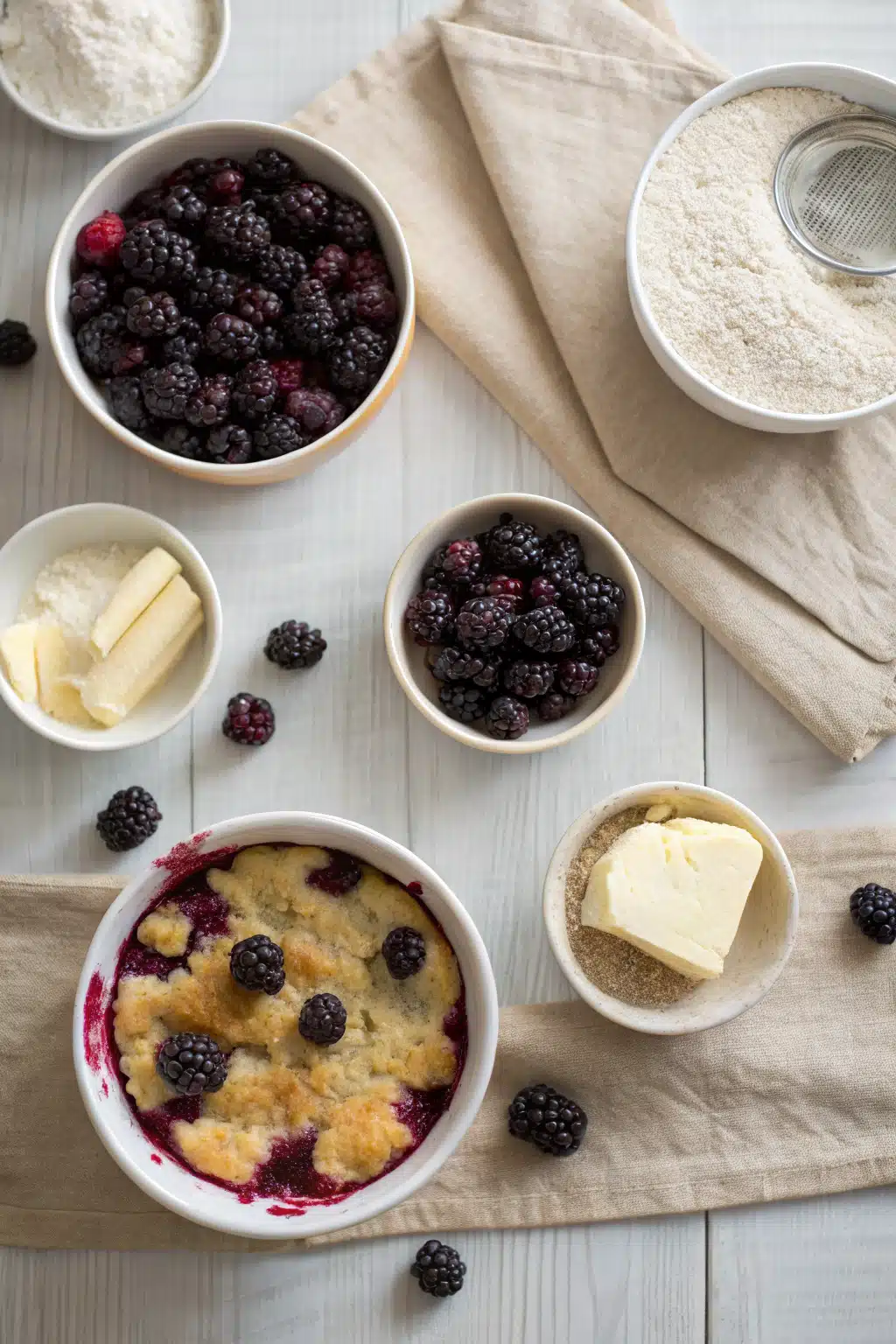 Blackberry Cobbler beautifully presented from an overhead angle