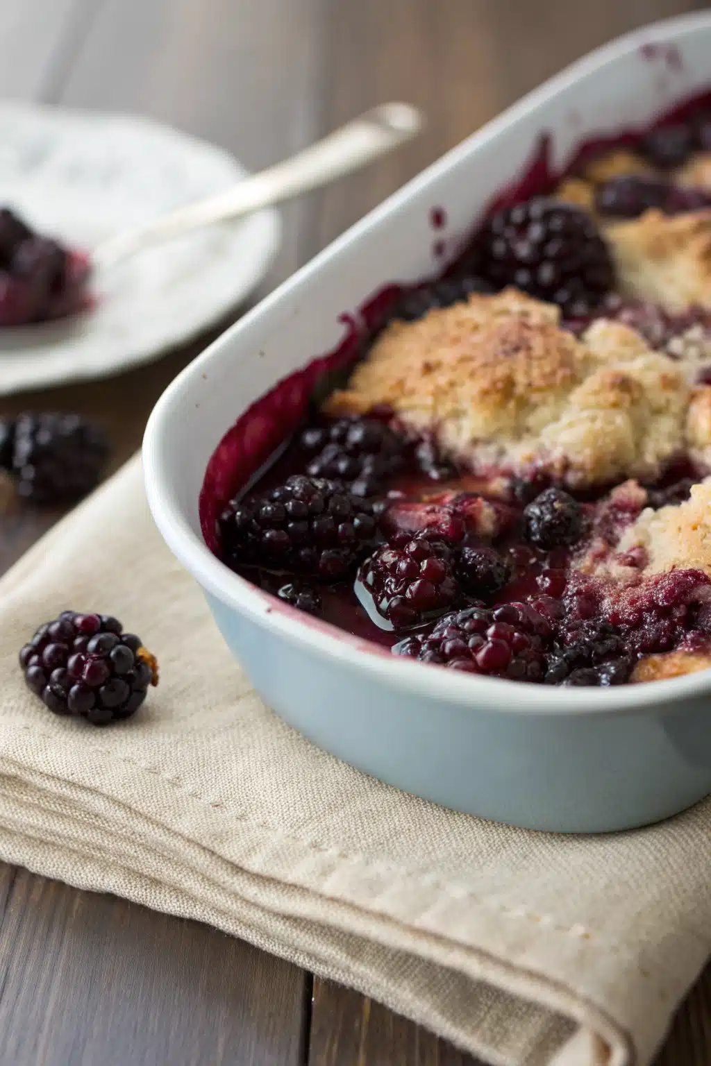 Blackberry Cobbler slice on plate showing perfect texture and swirl pattern