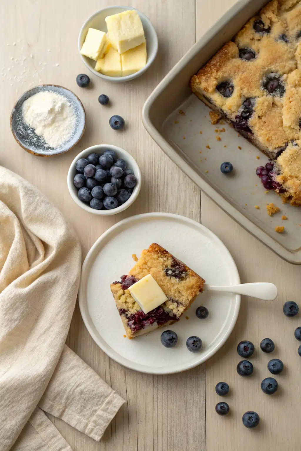 Blueberry Buckle Recipe beautifully presented from an overhead angle