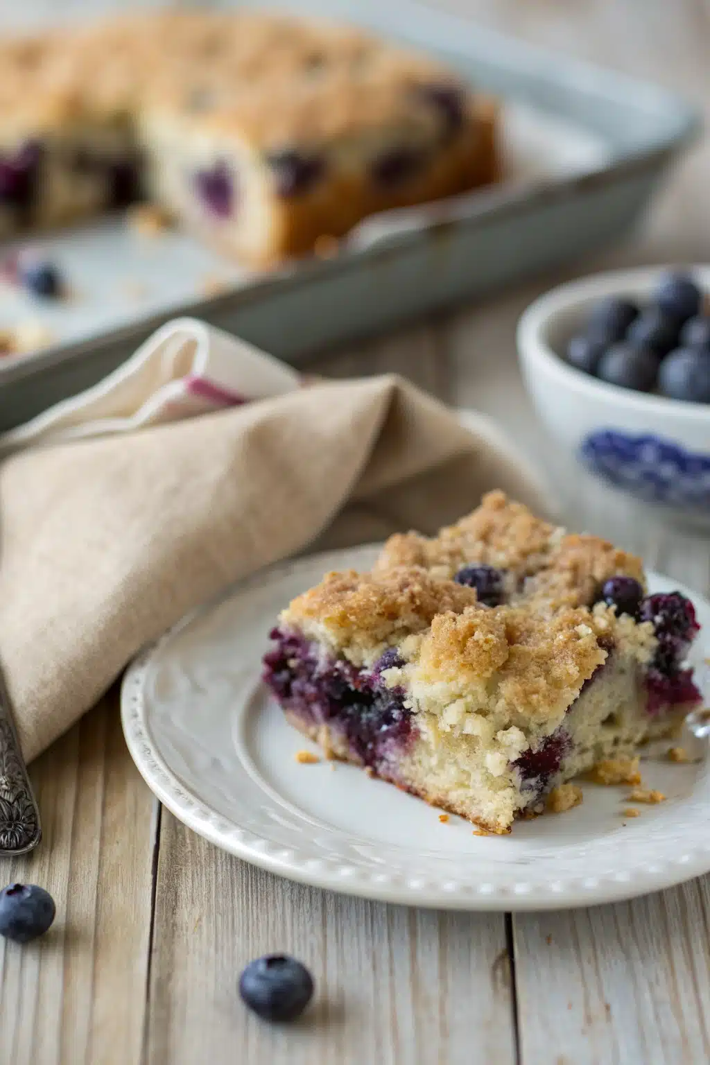 Blueberry Buckle Recipe slice on plate showing perfect texture and swirl pattern