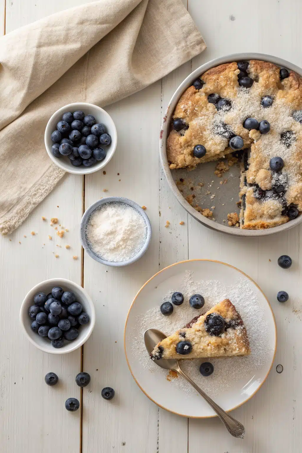 Blueberry Buckle Coffee Cake beautifully presented from an overhead angle