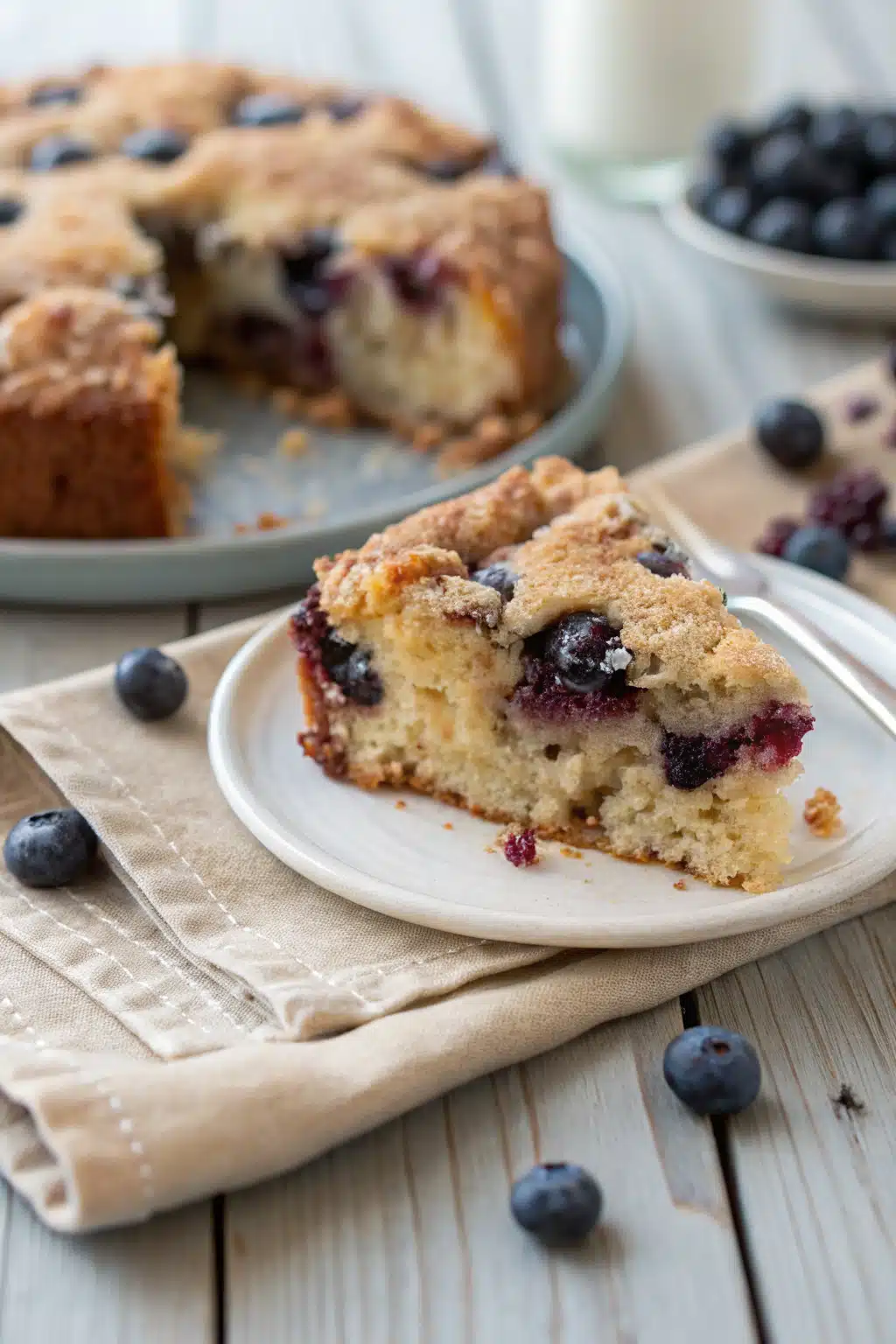 Blueberry Buckle Coffee Cake slice on plate showing perfect texture and swirl pattern