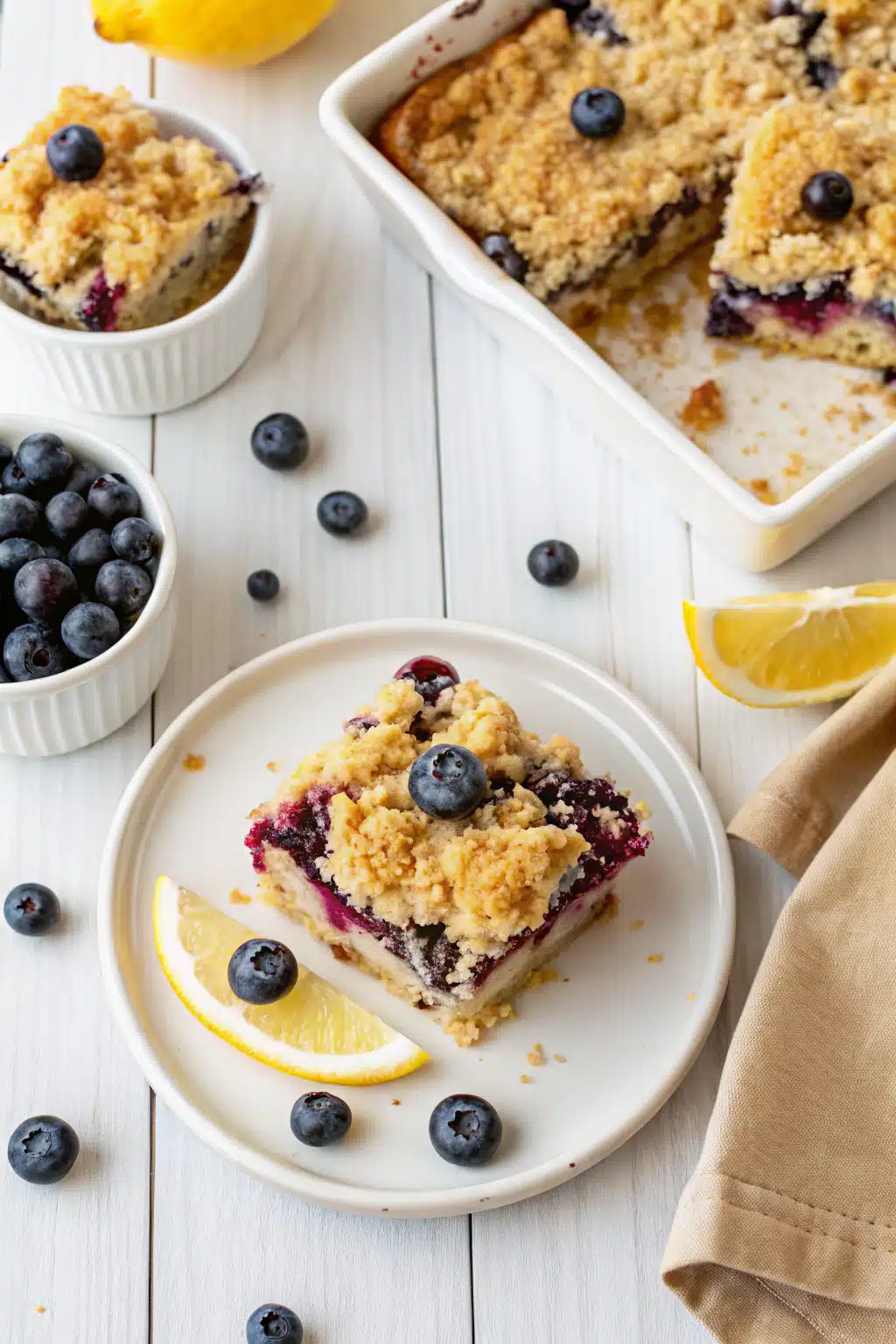 Lemon Blueberry Buckle beautifully presented from an overhead angle