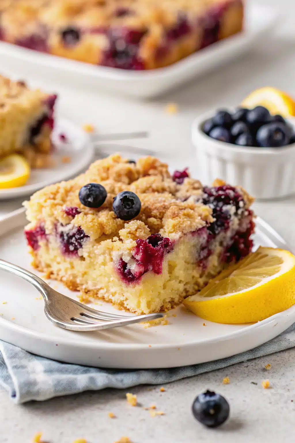 Lemon Blueberry Buckle ingredients organized and measured on kitchen counter