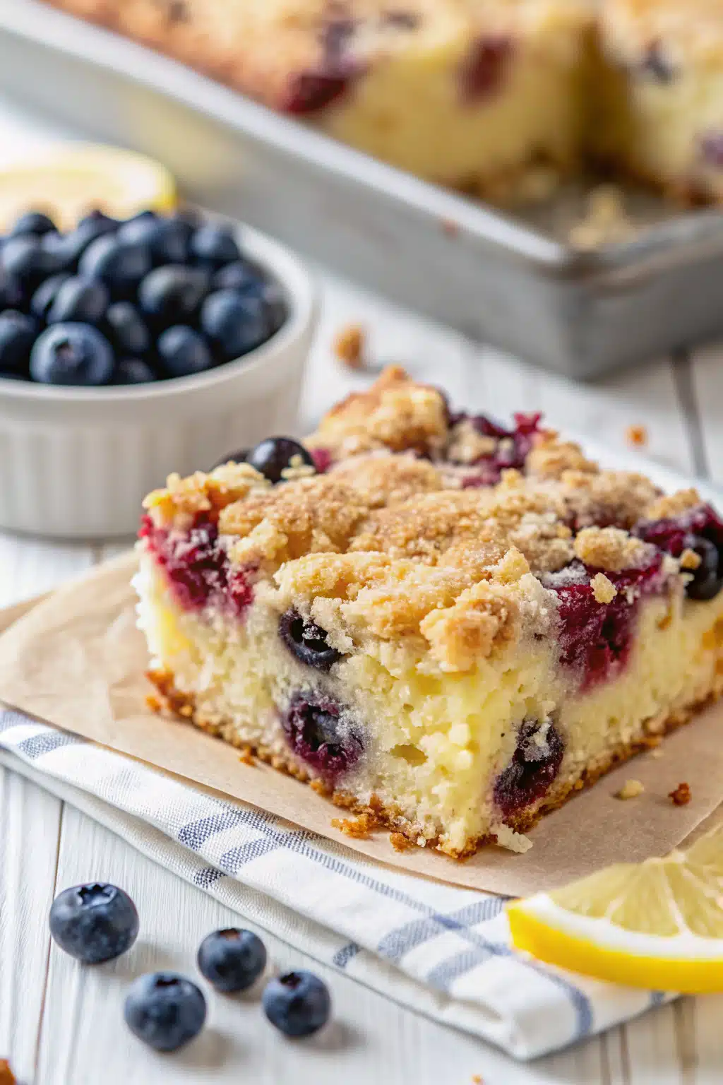 Lemon Blueberry Buckle slice on plate showing perfect texture and swirl pattern