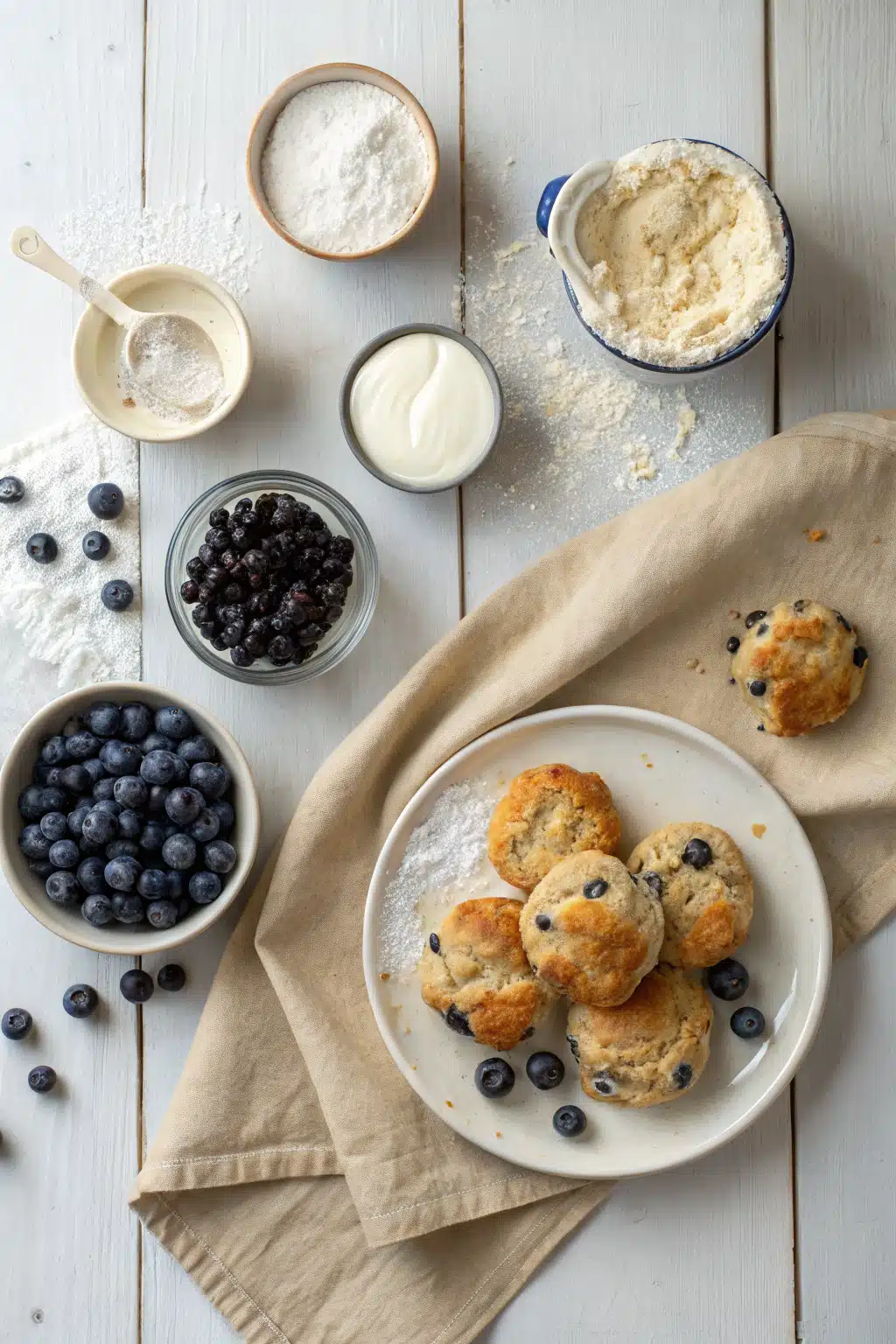 Blueberry Buttermilk Scones beautifully presented from an overhead angle
