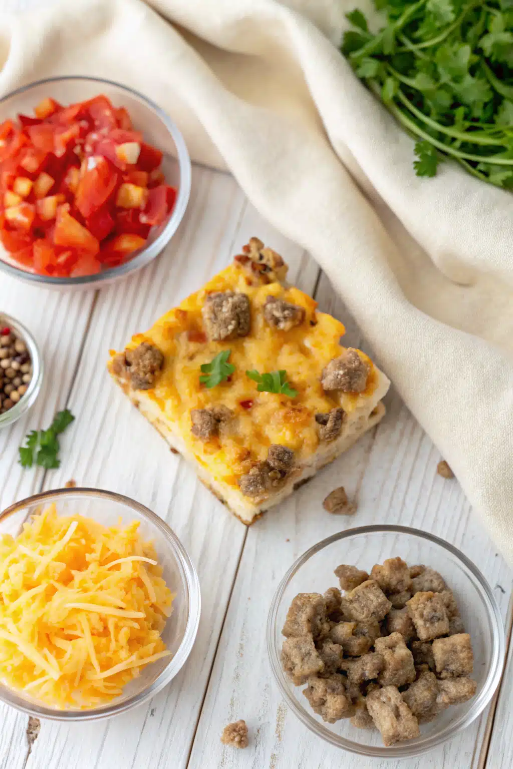 Overnight Breakfast Casserole beautifully presented from an overhead angle
