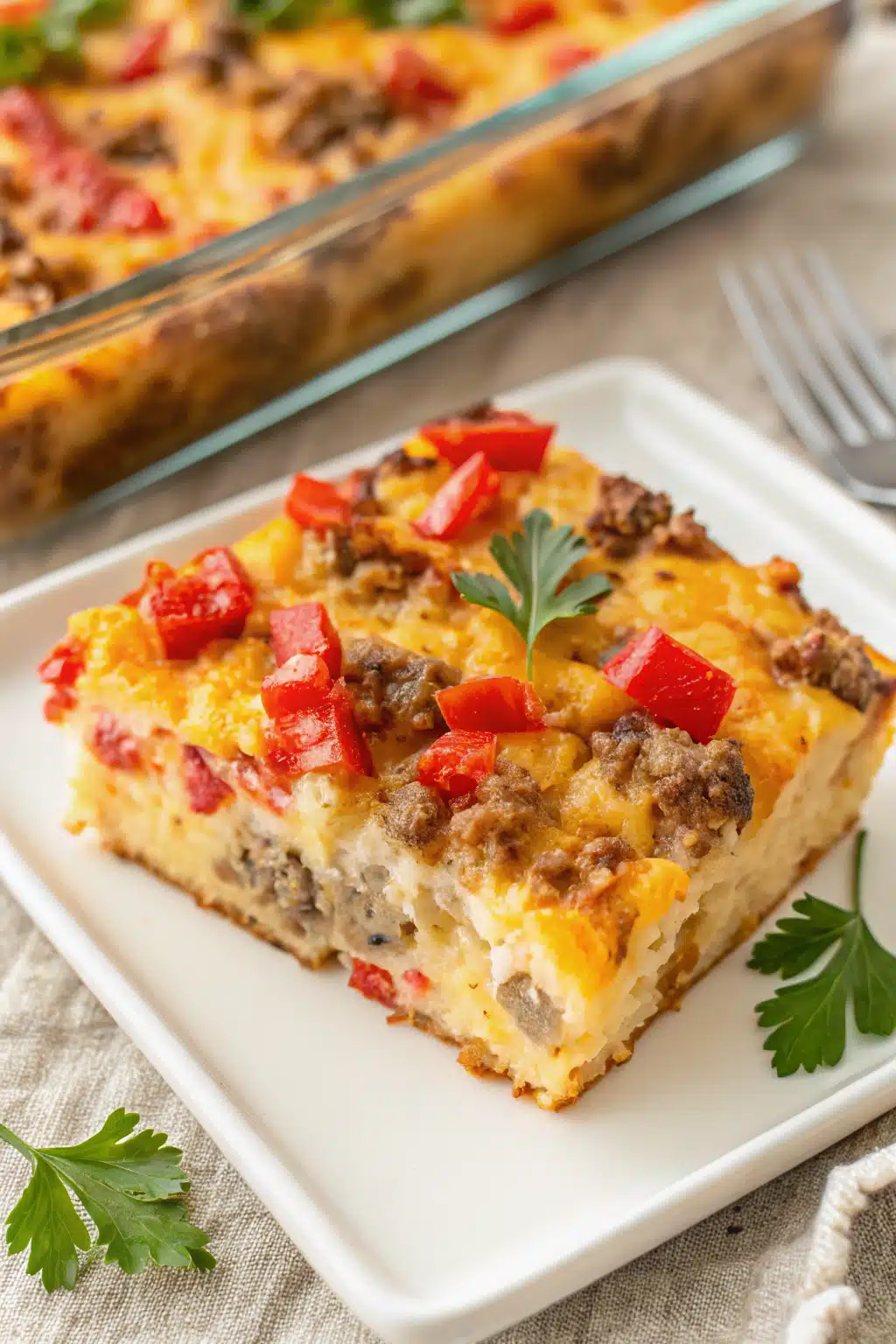 Overnight Breakfast Casserole slice on plate showing perfect texture and swirl pattern