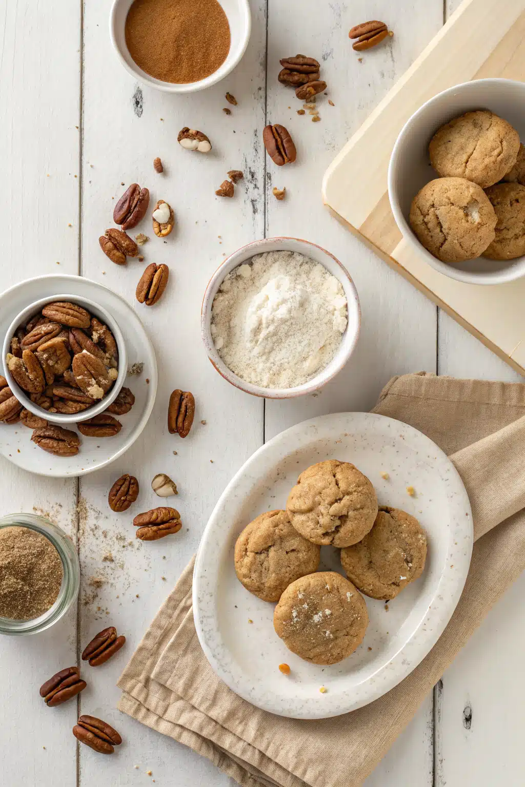 Brown Butter Pecan Cookies beautifully presented from an overhead angle