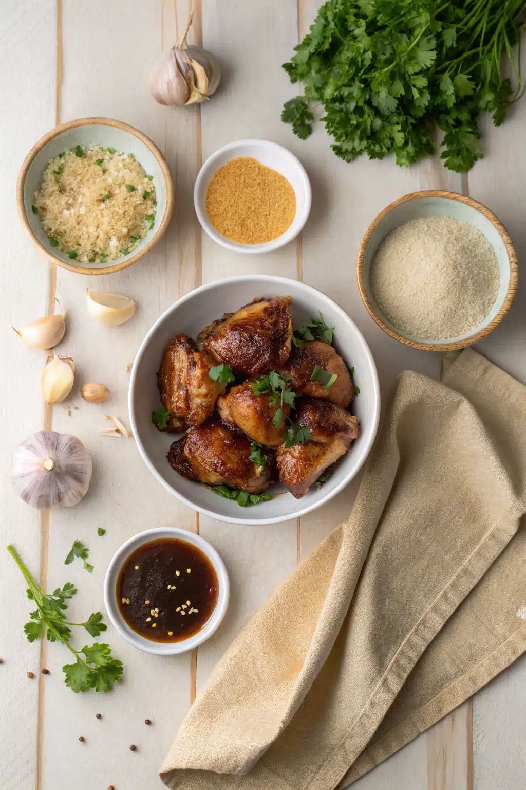 Garlic Brown Sugar Chicken beautifully presented from an overhead angle