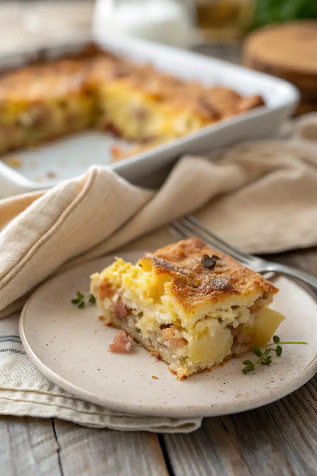 Easy Brunch Casserole slice on plate showing perfect texture and swirl pattern