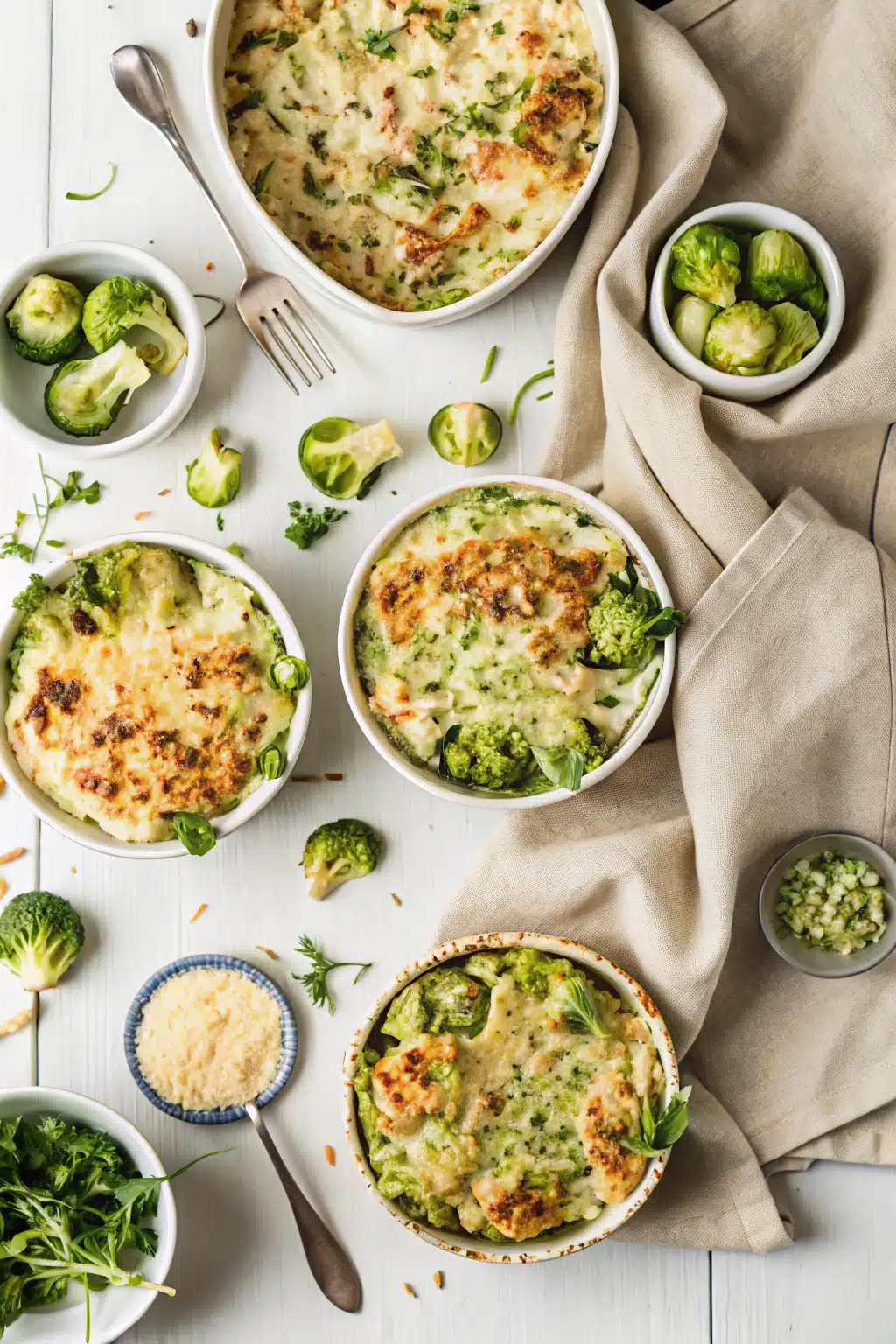Brussel Sprout Casserole beautifully presented from an overhead angle
