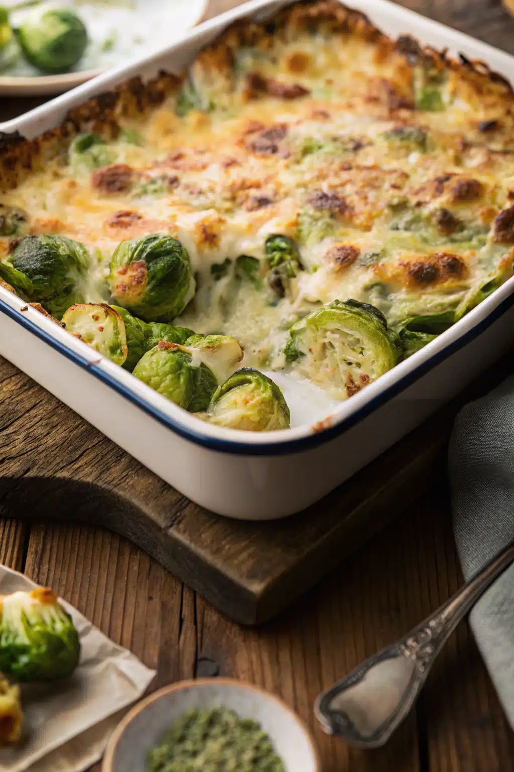 Brussel Sprout Casserole slice on plate showing perfect texture and swirl pattern