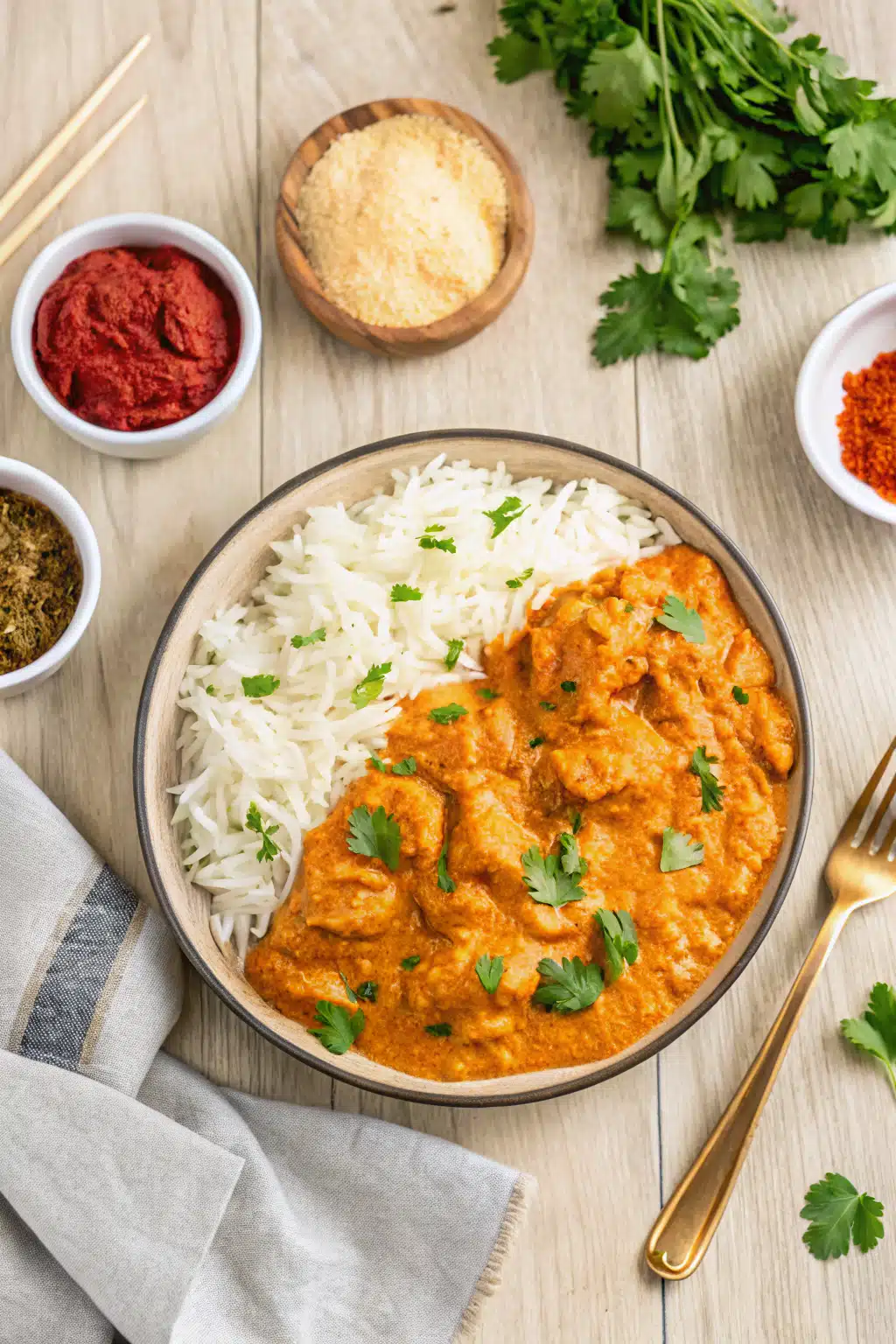 Butter Chicken Recipe beautifully presented from an overhead angle