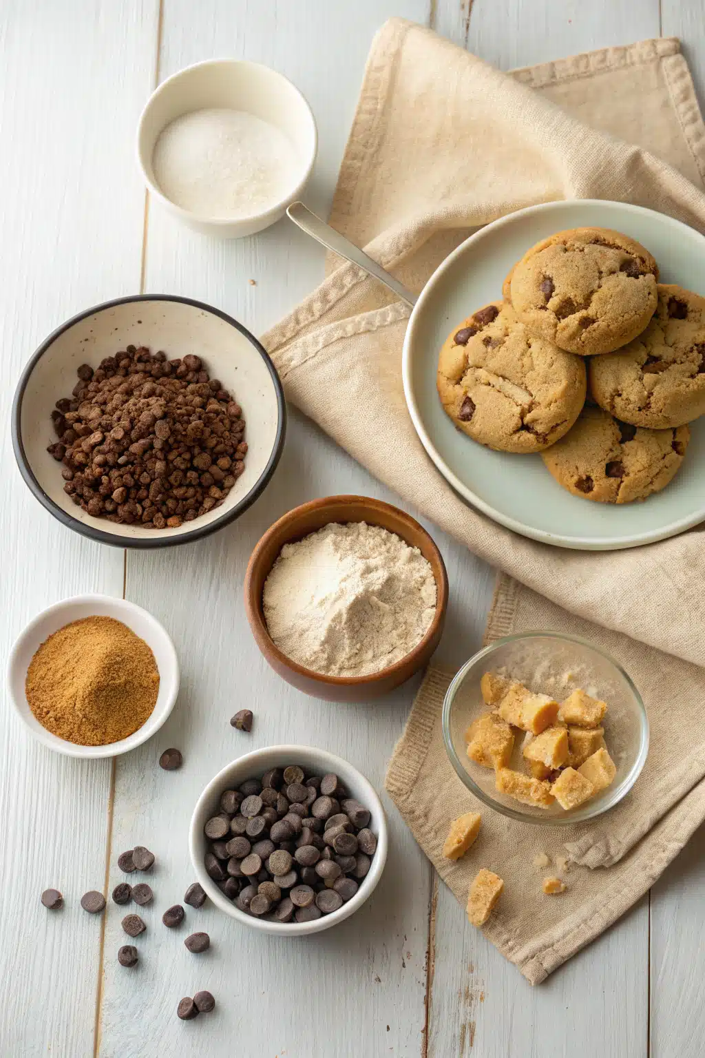 Butterscotch Chocolate Chip Cookies beautifully presented from an overhead angle