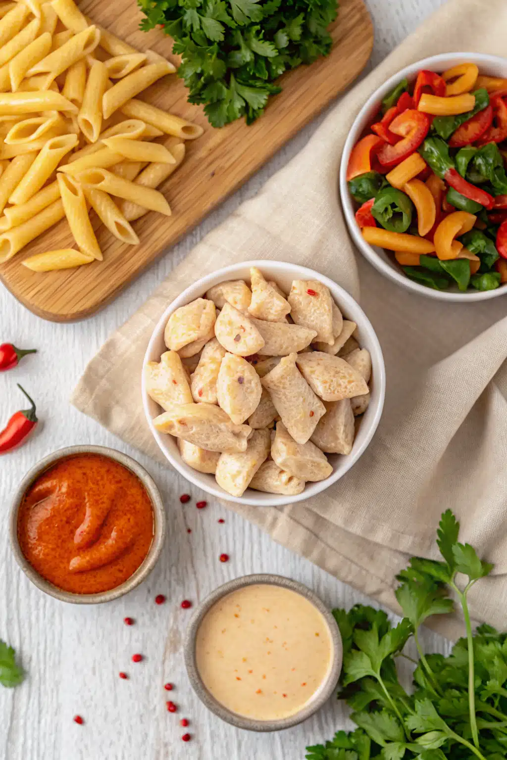 Creamy Cajun Chicken Pasta beautifully presented from an overhead angle