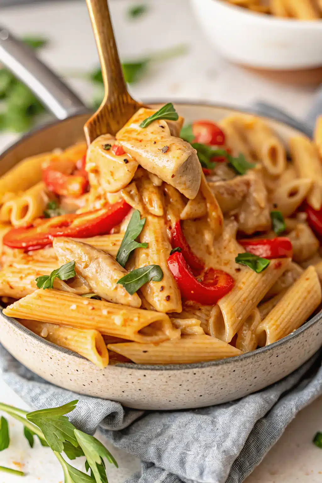 Creamy Cajun Chicken Pasta slice on plate showing perfect texture and swirl pattern