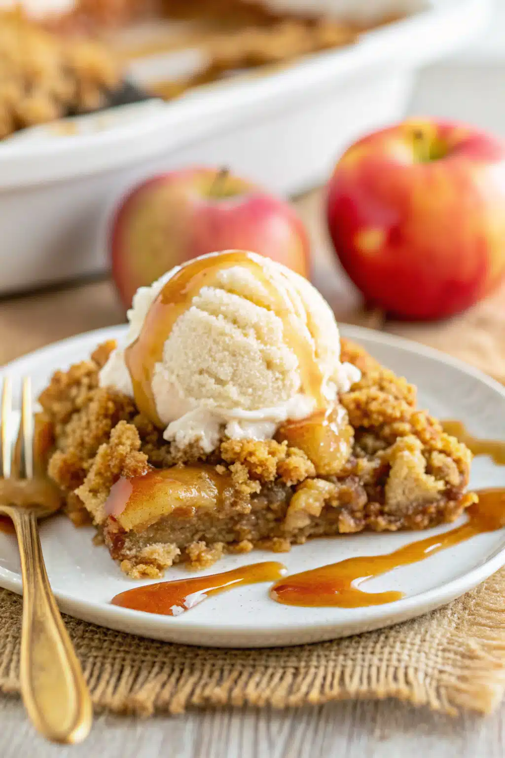 Caramel Apple Dump Cake slice on plate showing perfect texture and swirl pattern