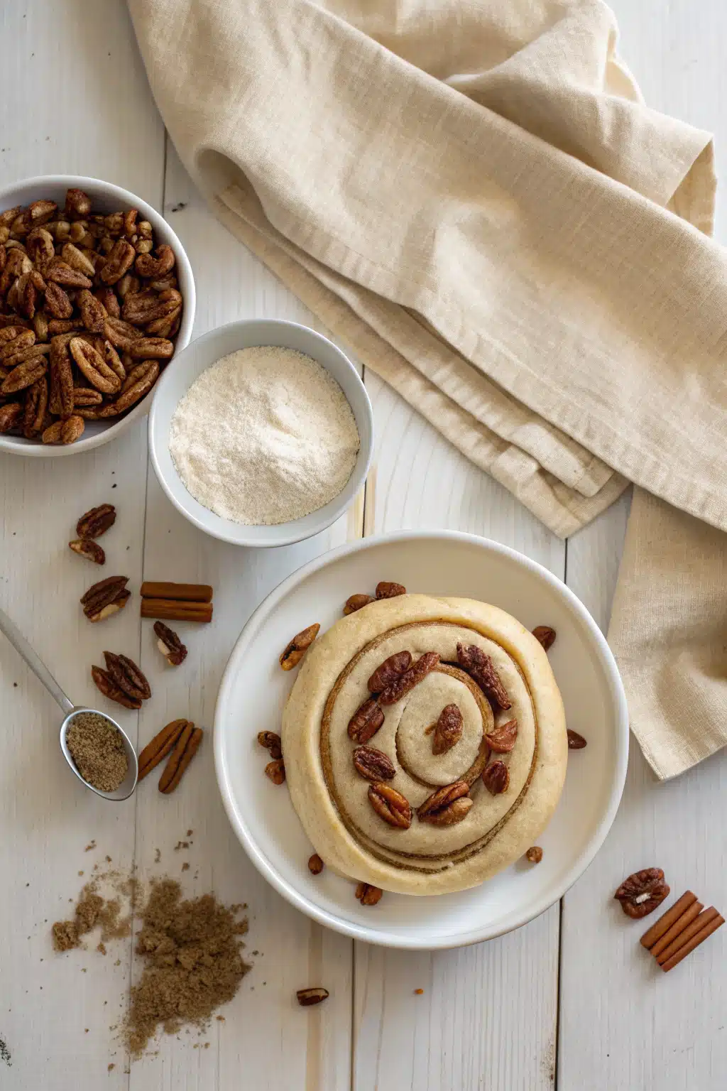 Pecan Cinnamon Rolls beautifully presented from an overhead angle