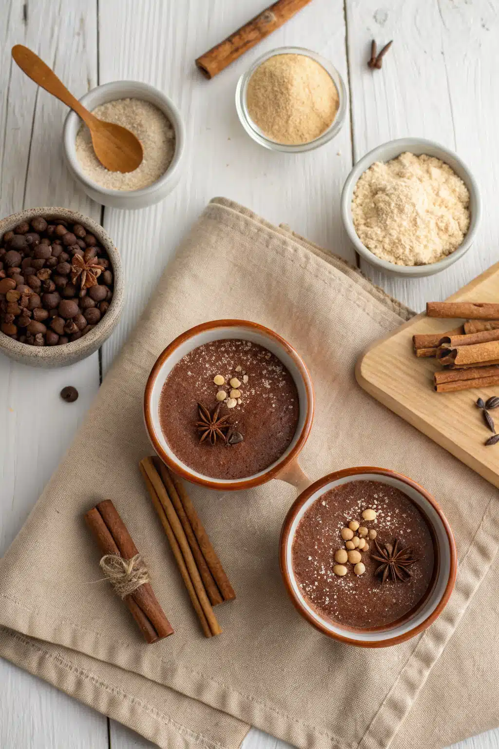 Authentic Mexican Champurrado beautifully presented from an overhead angle