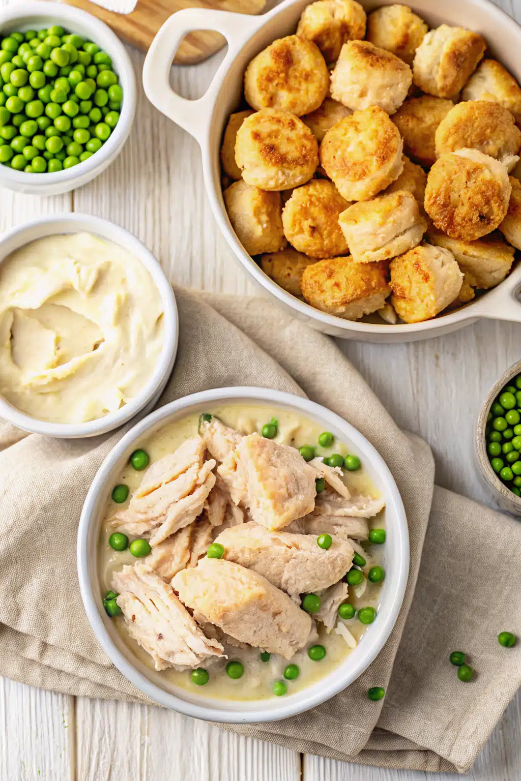 Chicken and Dumplings Casserole beautifully presented from an overhead angle