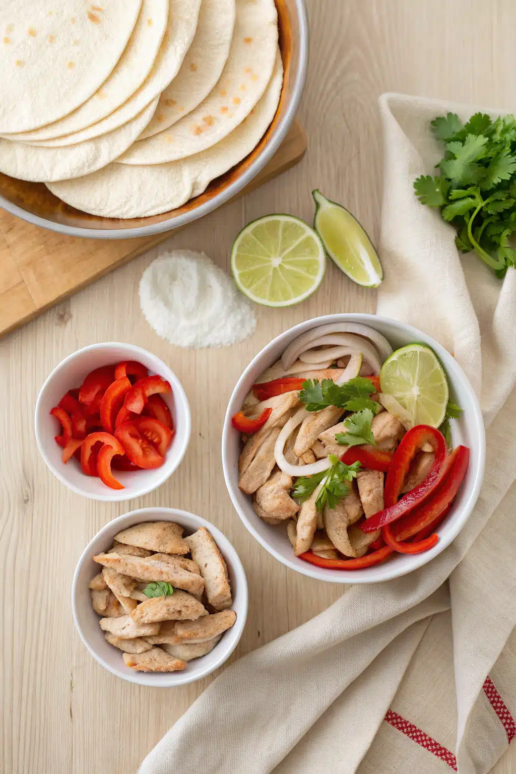 Chicken Fajitas beautifully presented from an overhead angle