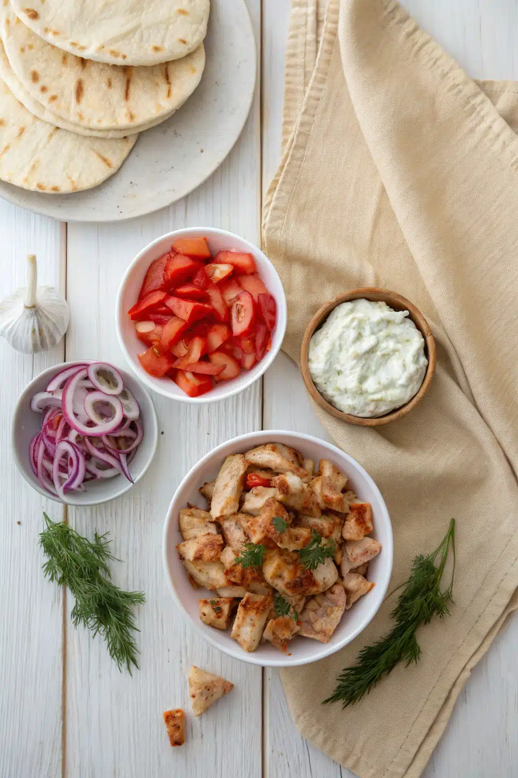 Chicken Gyros beautifully presented from an overhead angle