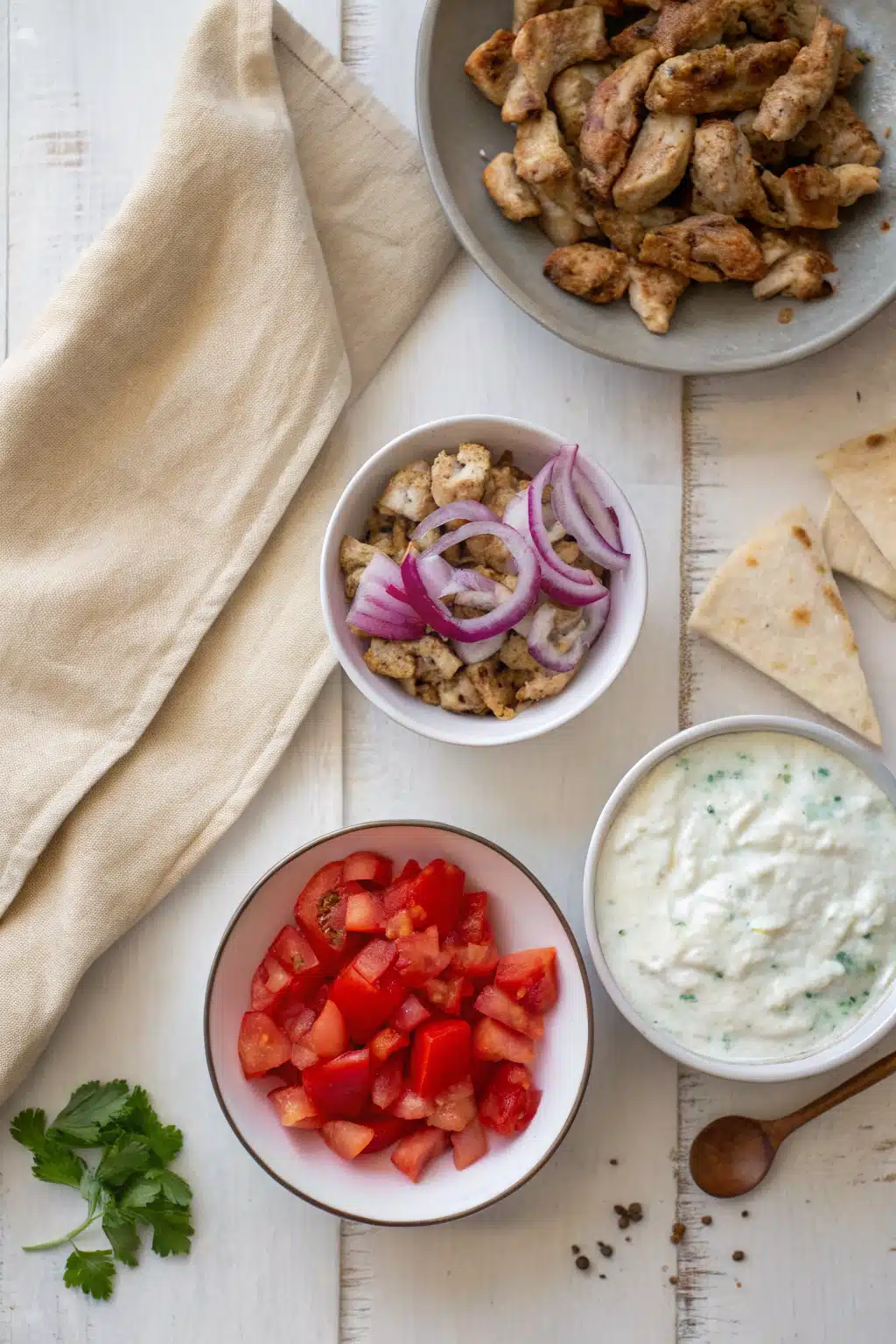 Homemade Chicken Gyros beautifully presented from an overhead angle