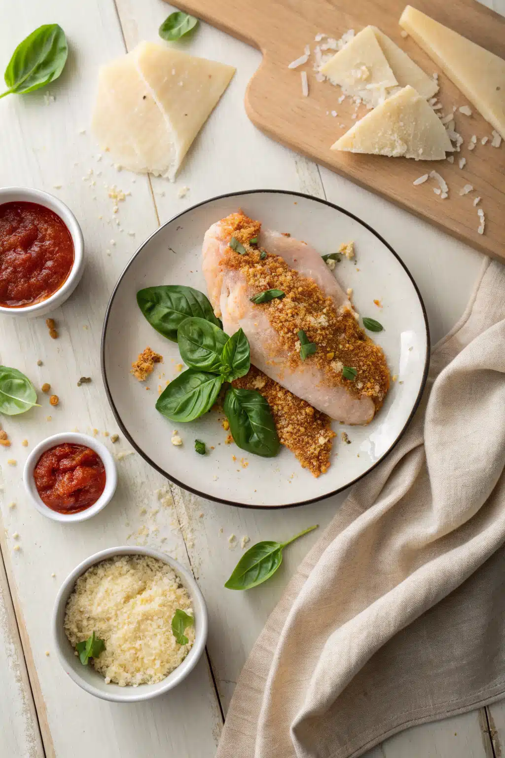 Chicken Parmesan recipe beautifully presented from an overhead angle
