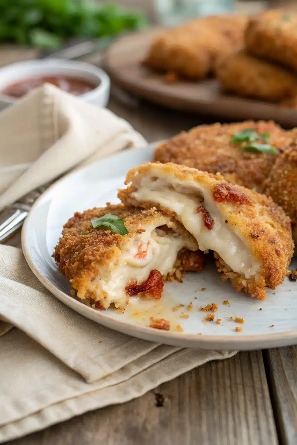 Chicken Parmesan recipe slice on plate showing perfect texture and swirl pattern