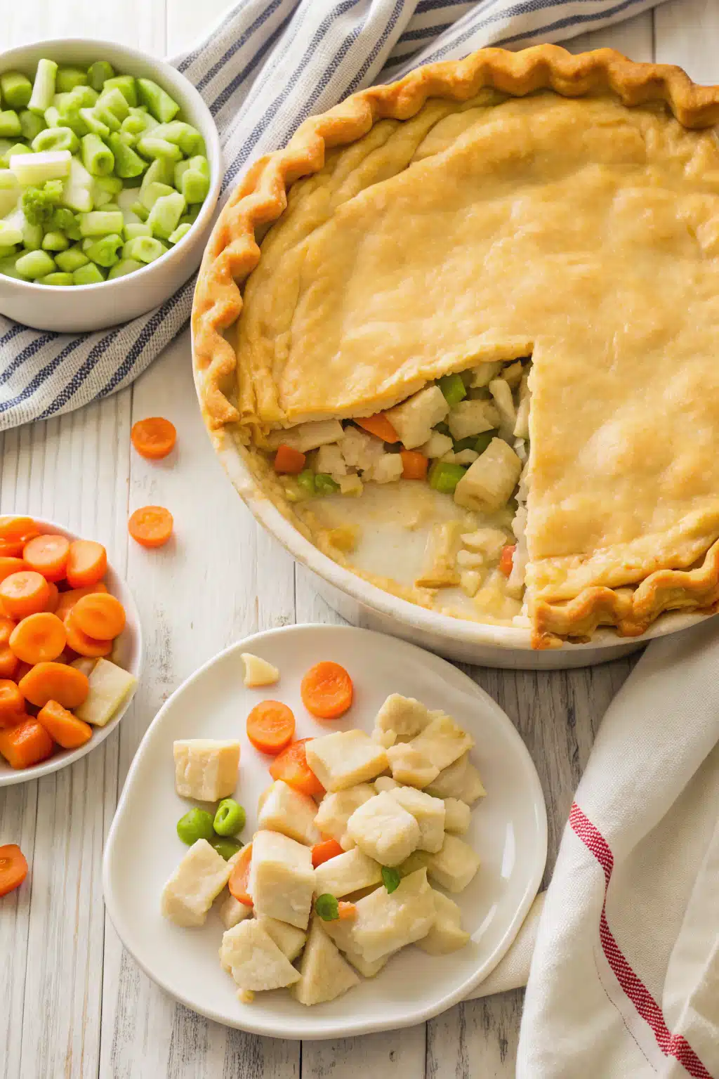 Chicken Pot Pie beautifully presented from an overhead angle