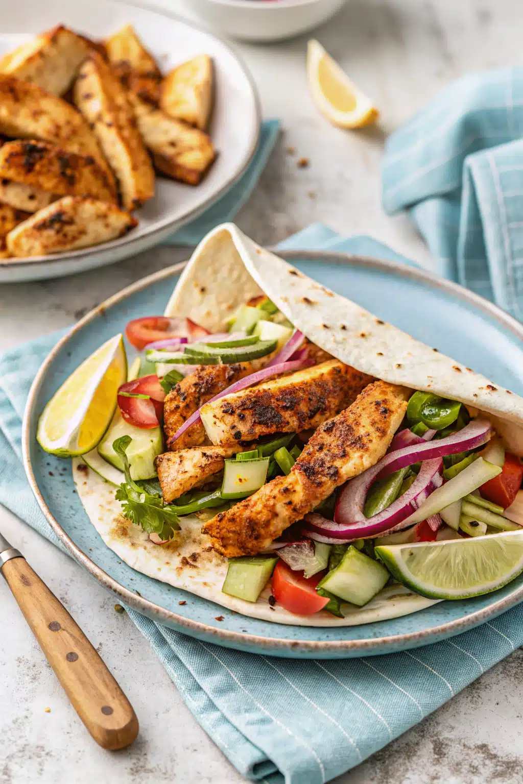 Chicken Shawarma beautifully presented from an overhead angle