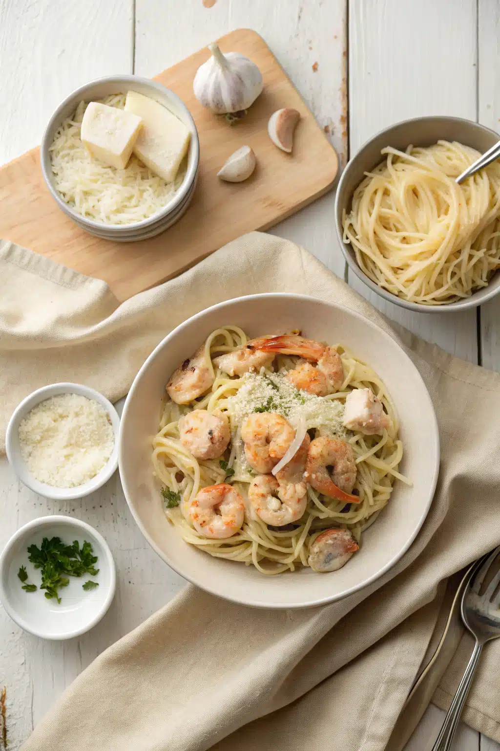 Chicken Shrimp Alfredo beautifully presented from an overhead angle