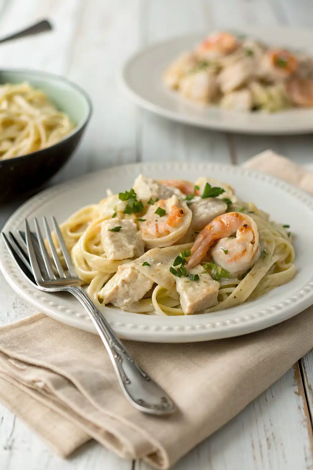Chicken Shrimp Alfredo ingredients organized and measured on kitchen counter