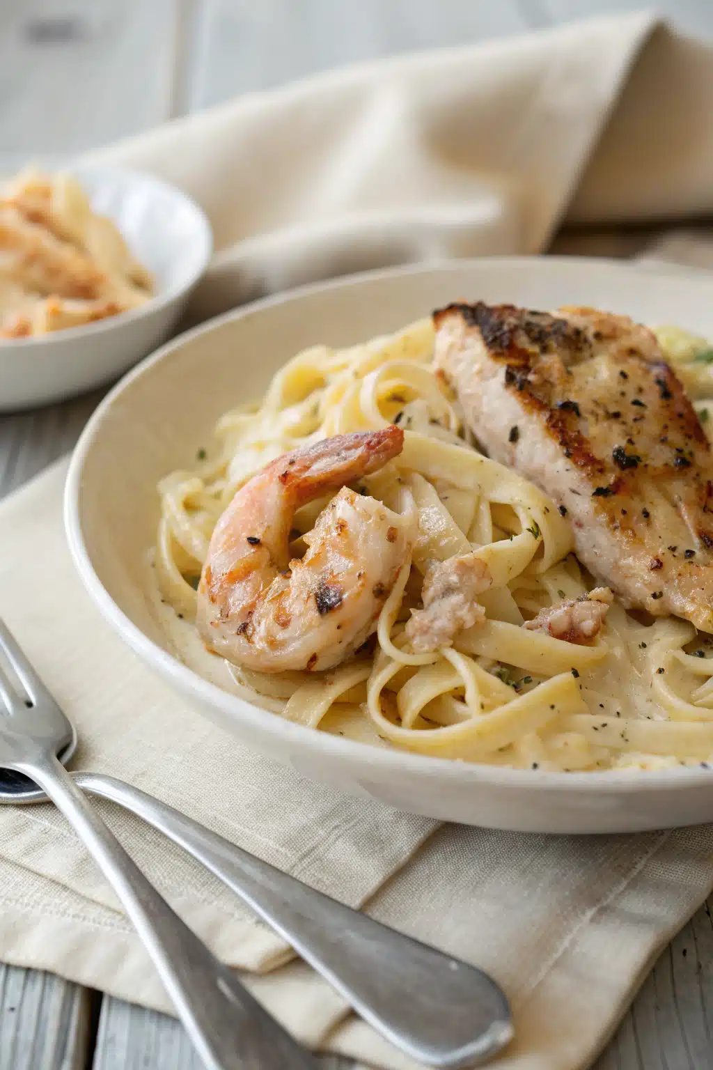 Chicken Shrimp Alfredo slice on plate showing perfect texture and swirl pattern