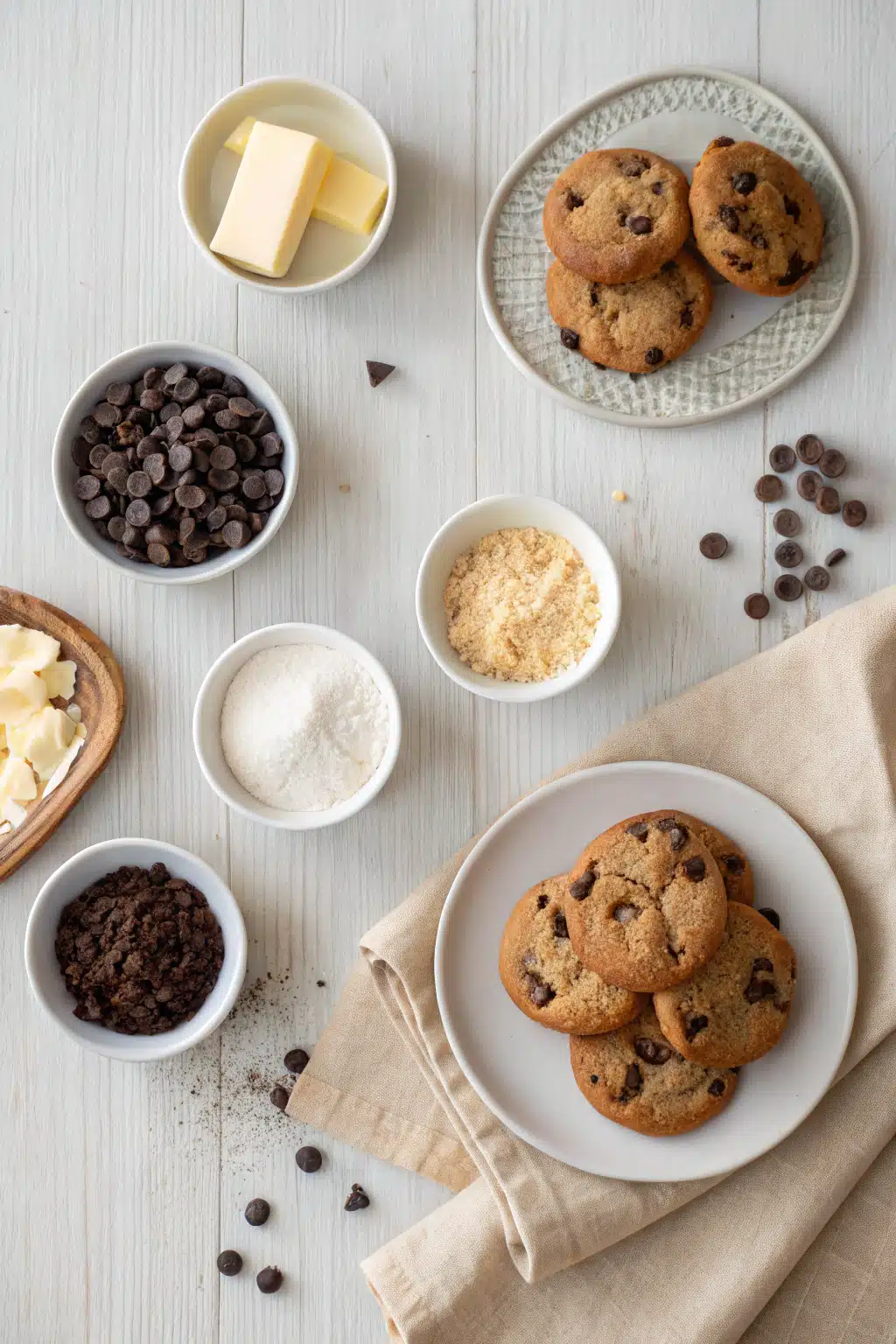 Chocolate Chip Cookies beautifully presented from an overhead angle