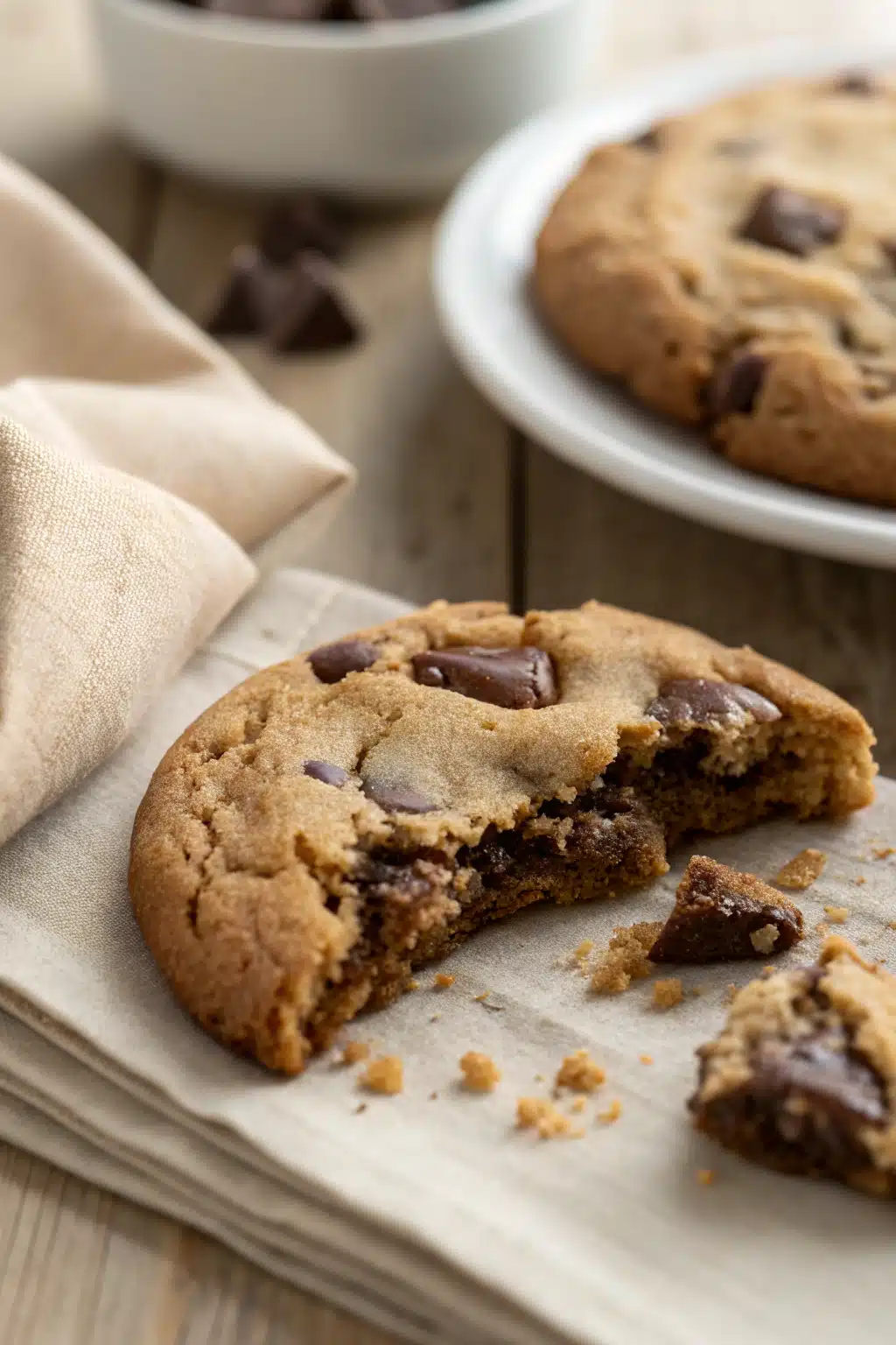 Chocolate Chip Cookies slice on plate showing perfect texture and swirl pattern